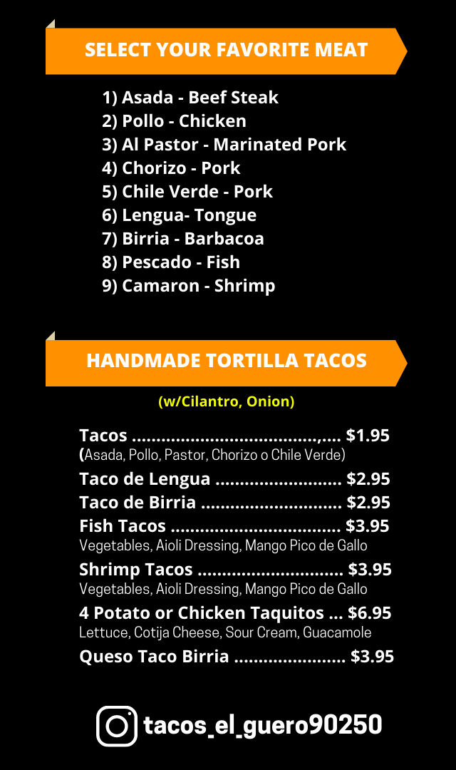 Menu Tacos El Guero